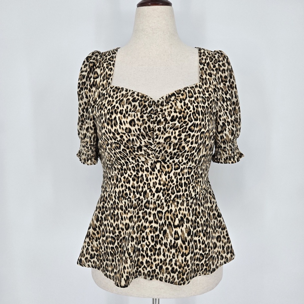 Doe and Rae Leopard Peplum Blouse Sweetheart Neck Puff Sleeve Small Mob Wife Ela
